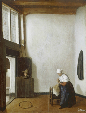 Interior with an old woman combing a little girl’s hair